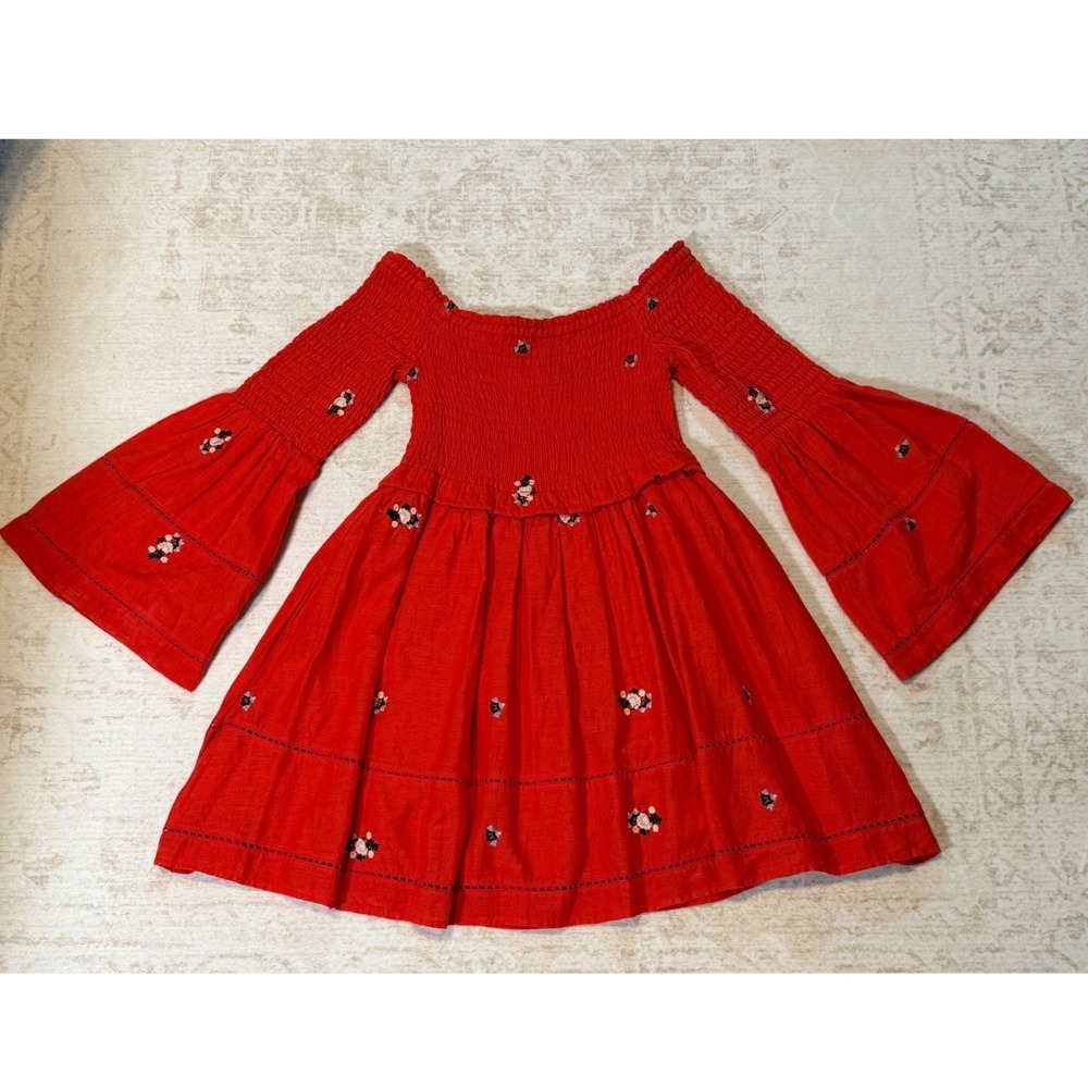 Free People Red Smocked Embroidered Bell Sleeve Mini Dress Womens Small Boho